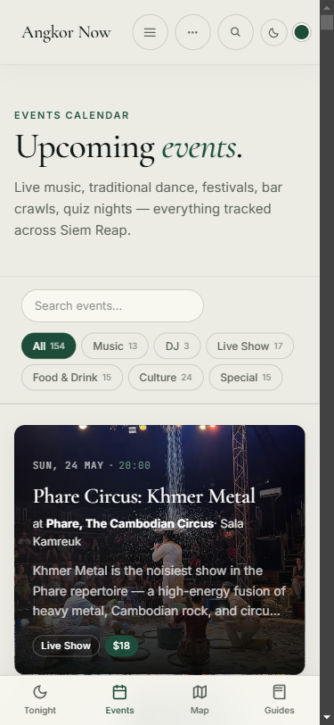 Angkor Now mobile layout with dynamic navigation