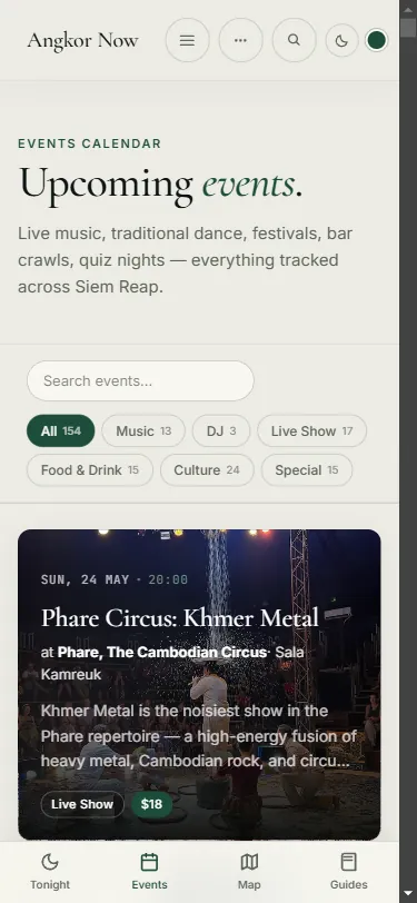Angkor Now mobile layout with dynamic navigation